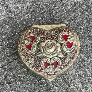 Vintage Gold toned Heart-Shaped Jewelry Box Red Lining Footed Roses Trinket Dish